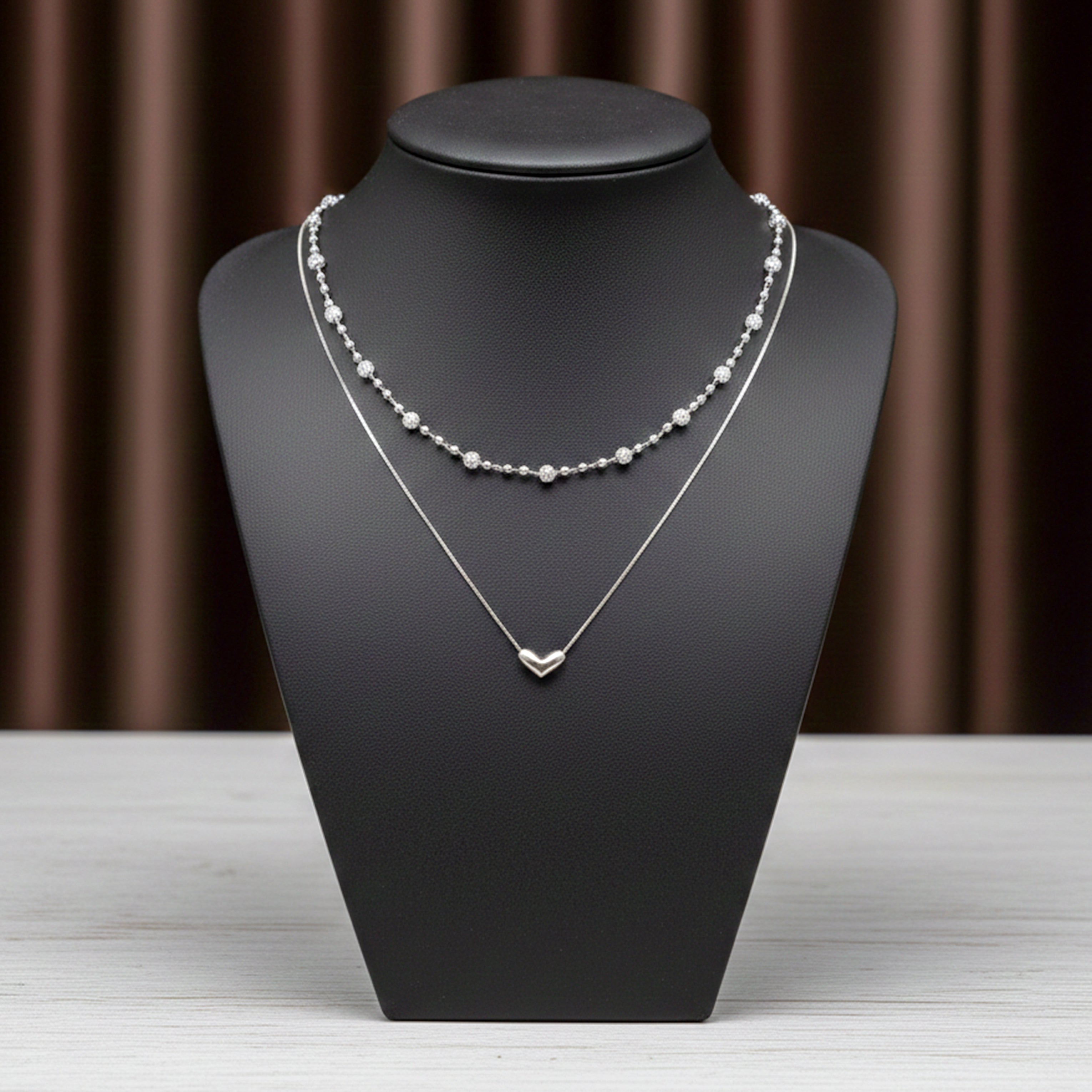 Silver Layered Heart & Spark Beaded Necklace GWN -64