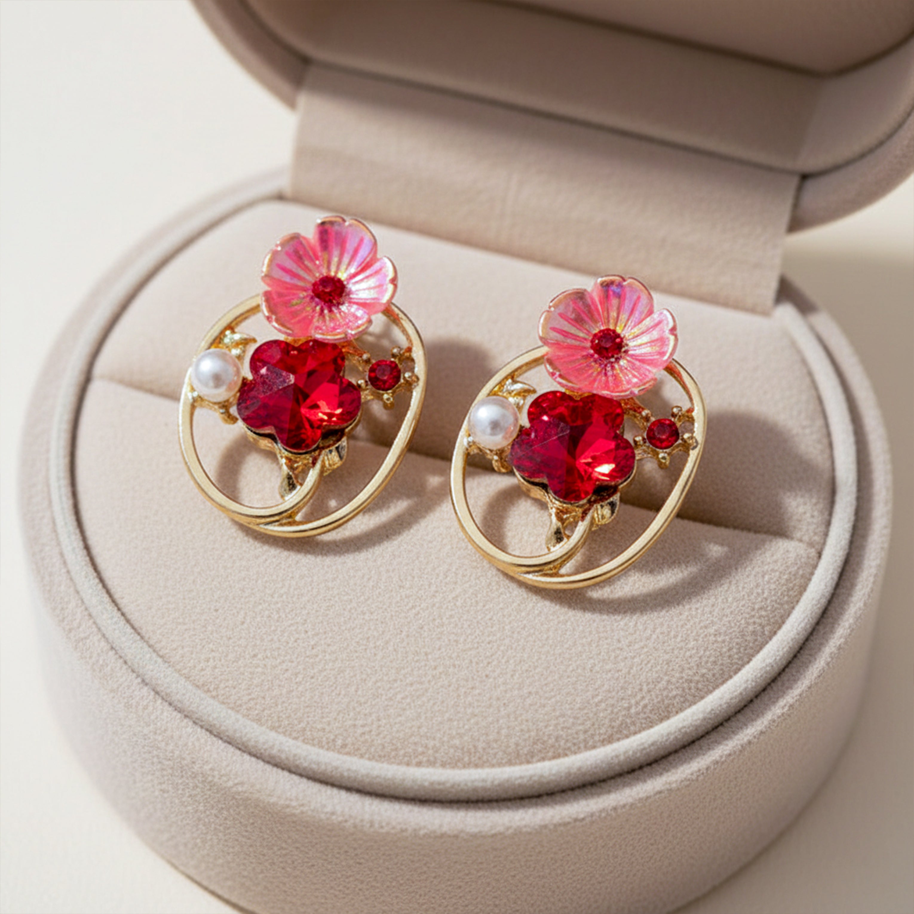 Red Floral Crystal Earrings GWE -227