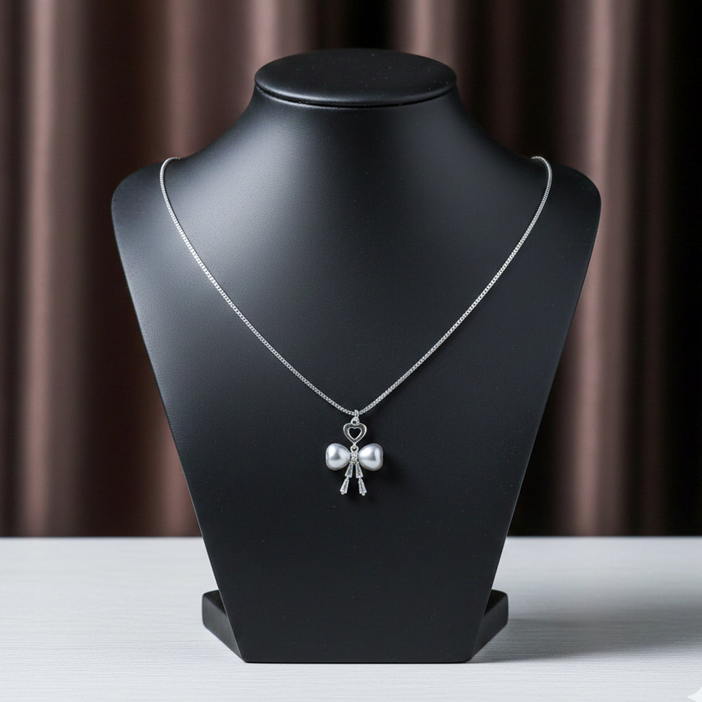 Silver Pearl Bow Heart Pendant Necklace GWN -52