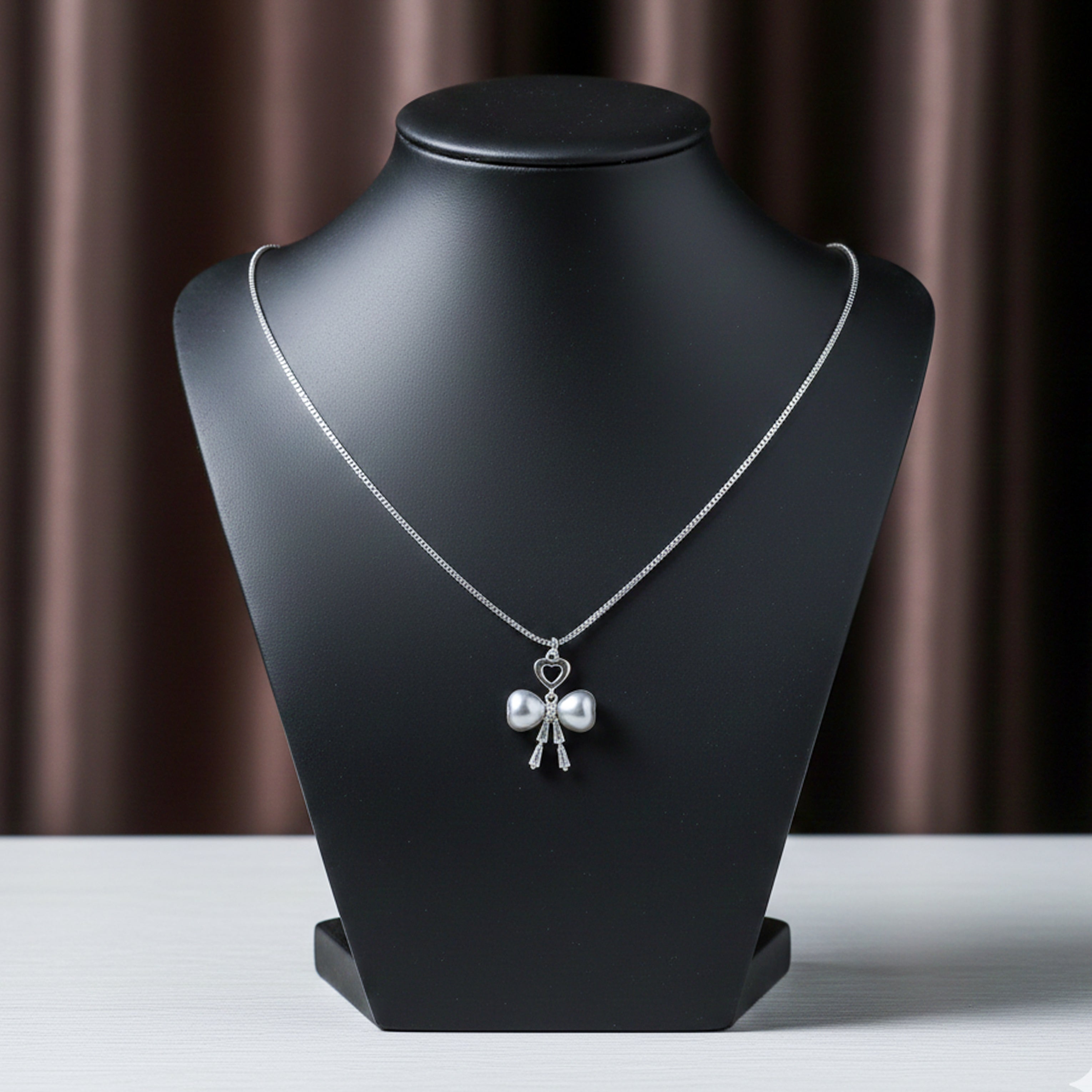 Silver Pearl Bow Heart Pendant Necklace GWN -52