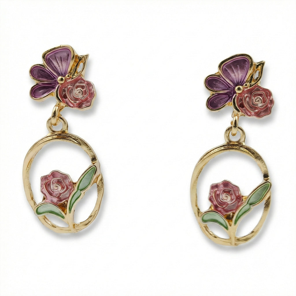 Butterfly & Rose Floral Drop Earrings GWE -177
