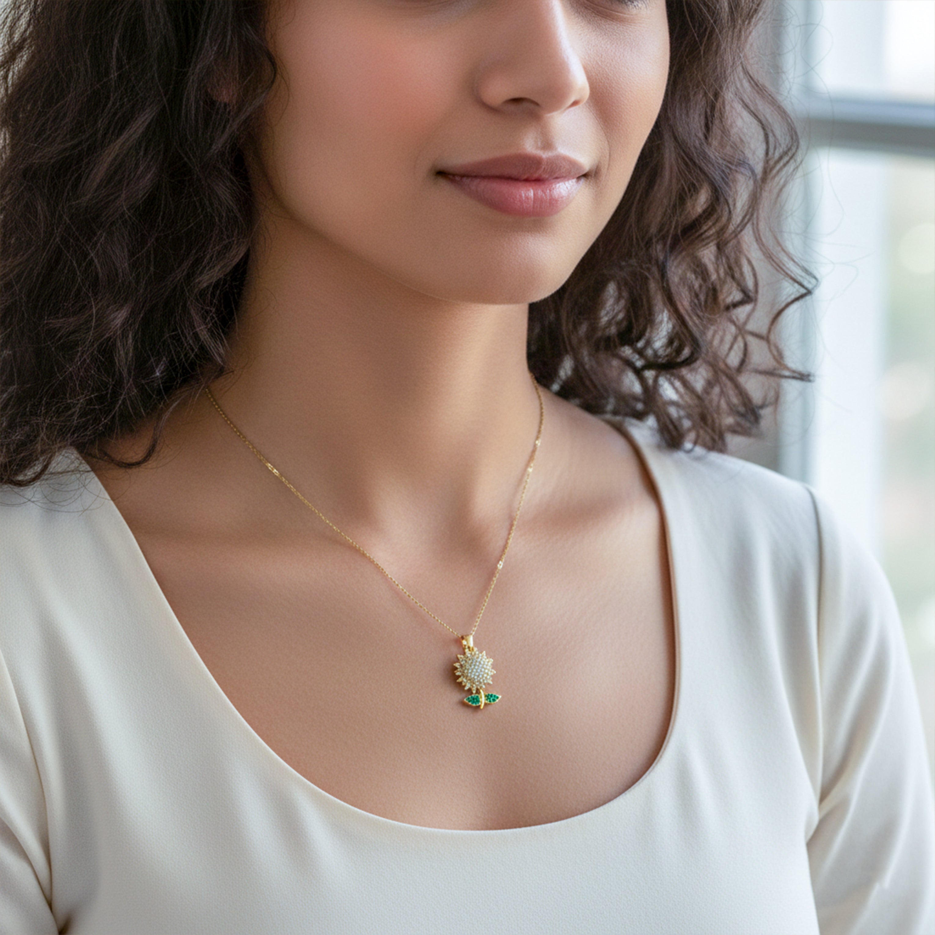 olden Bloom Floral Pendant Necklace with Green Leaf Accents GWN -99