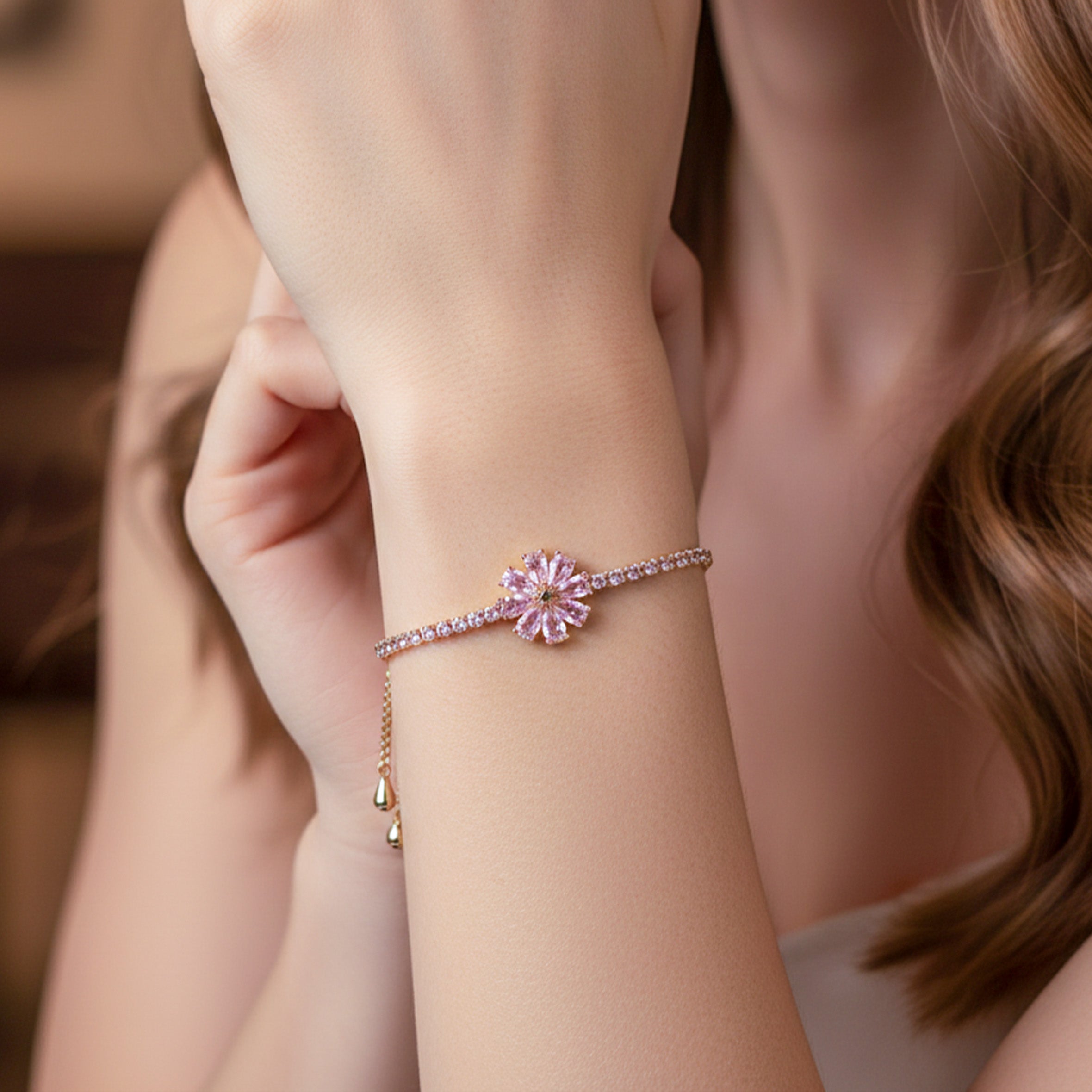Gold Pink Floral Bracelet GWB -154