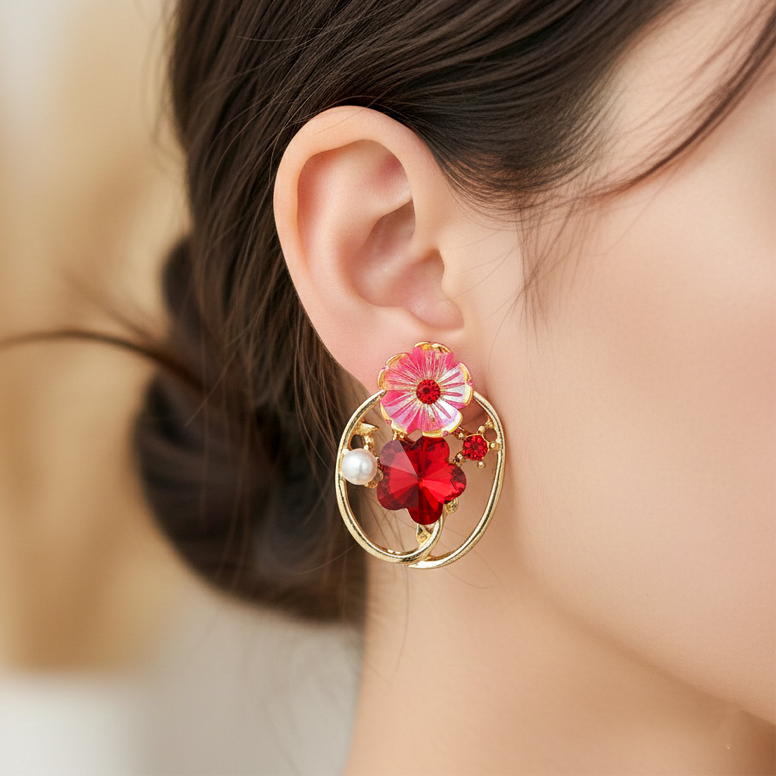 Red Floral Crystal Earrings GWE -227