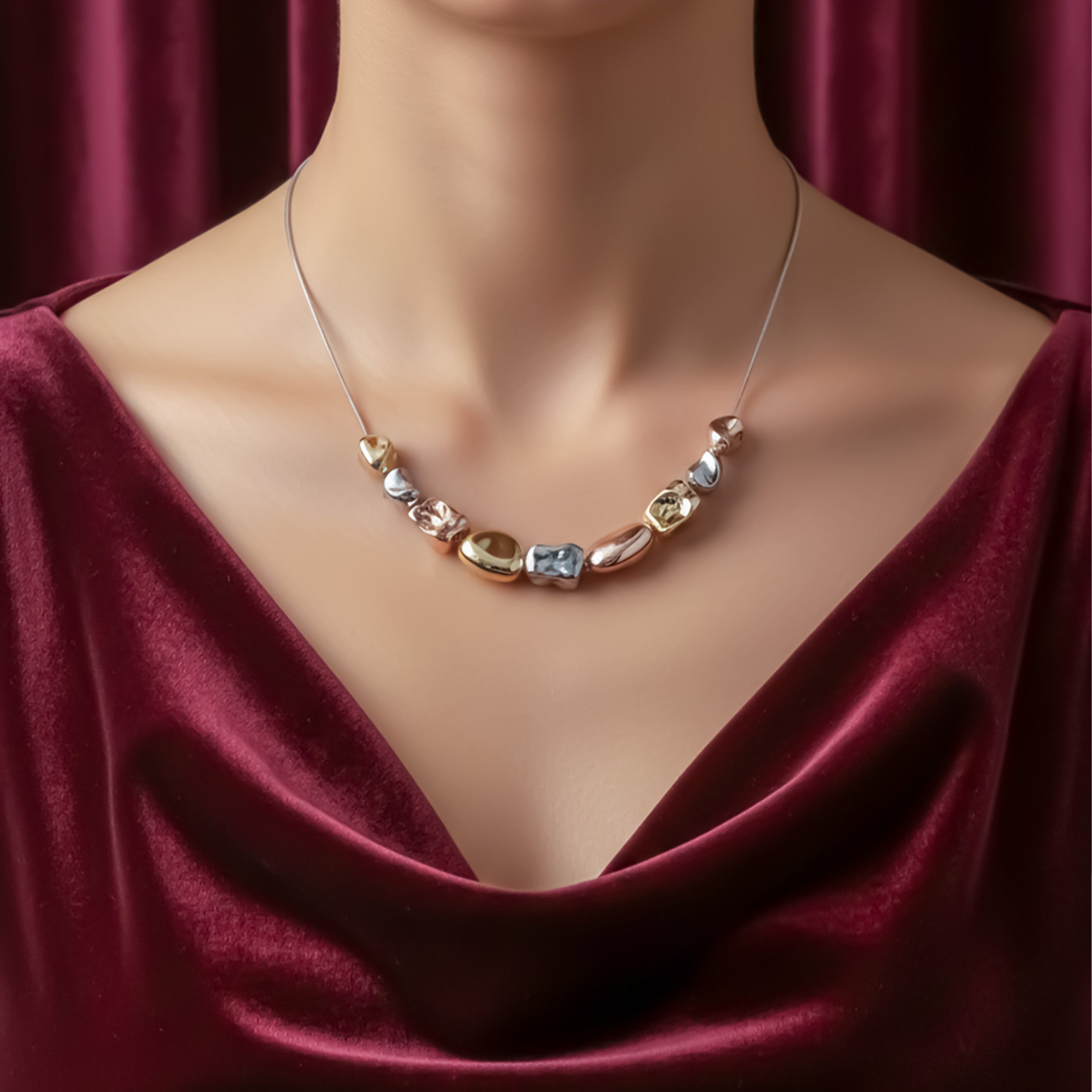 Trio Tone Sculpted Bead Necklace GWN -65