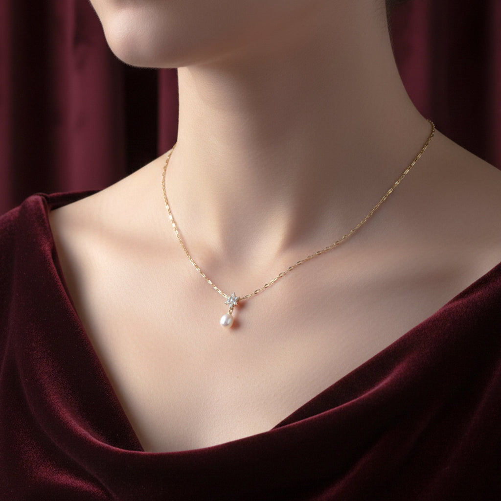 Golden Floral Pearl Drop Necklace GWN -37