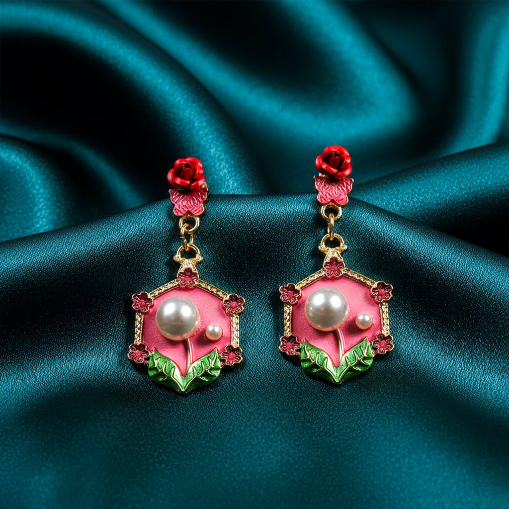 Red Floral Pearl Earrings GWE -228