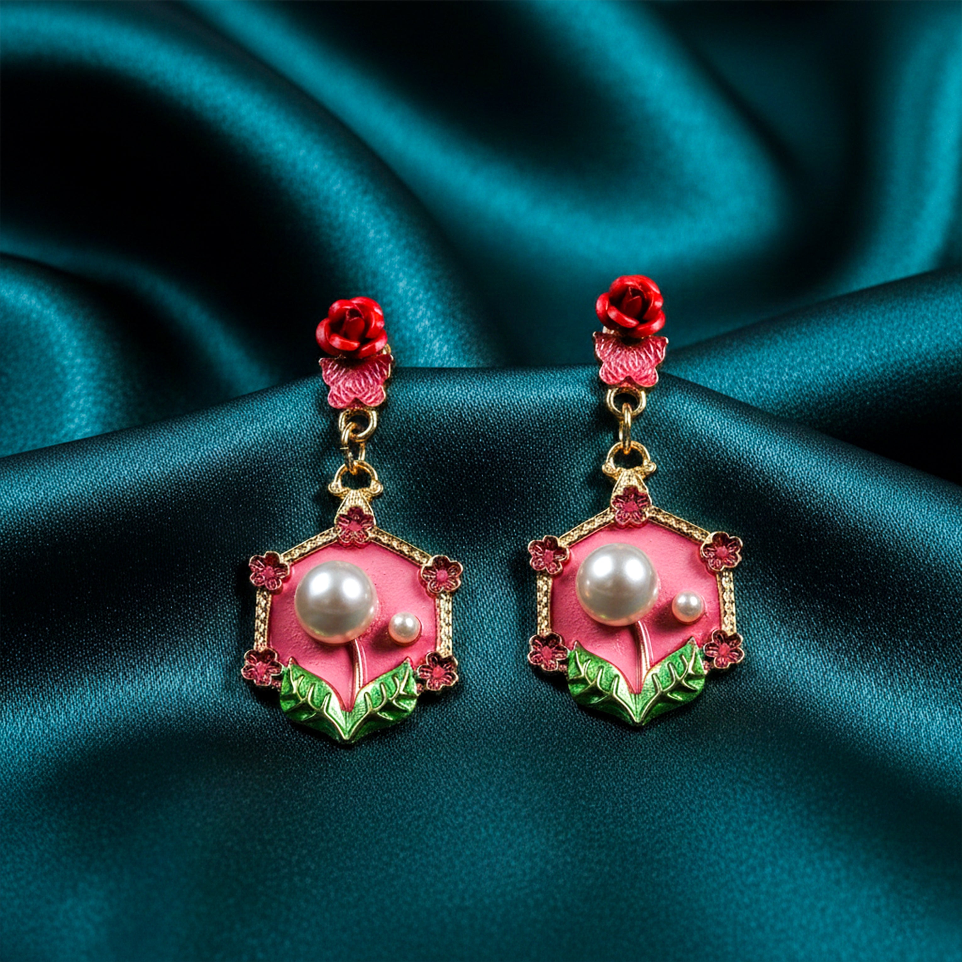 Red Floral Pearl Earrings GWE -228