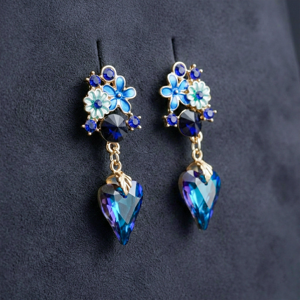 Blue Floral Heart Drop Earrings GWE -173