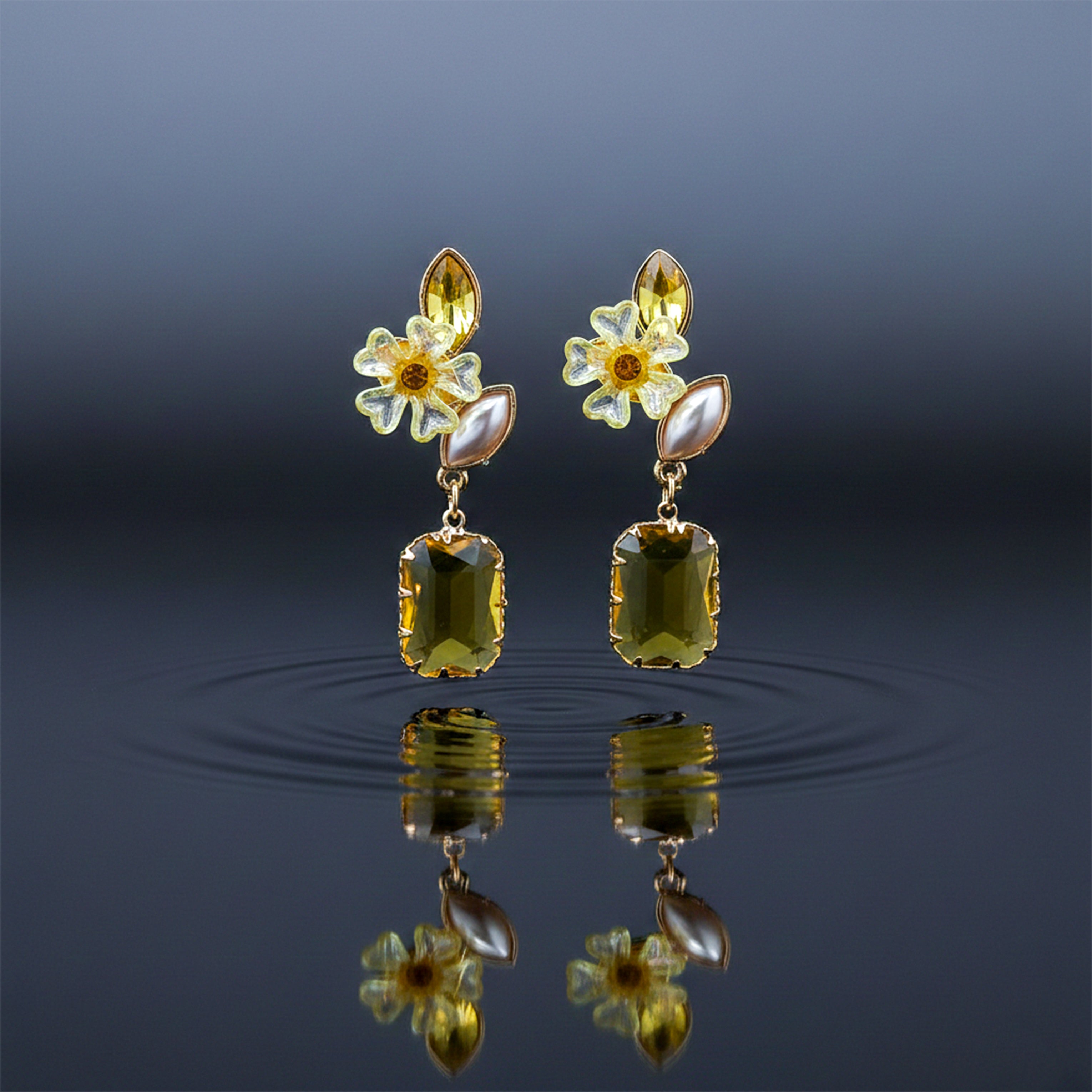 Yellow Floral Crystal Earrings GWE -245