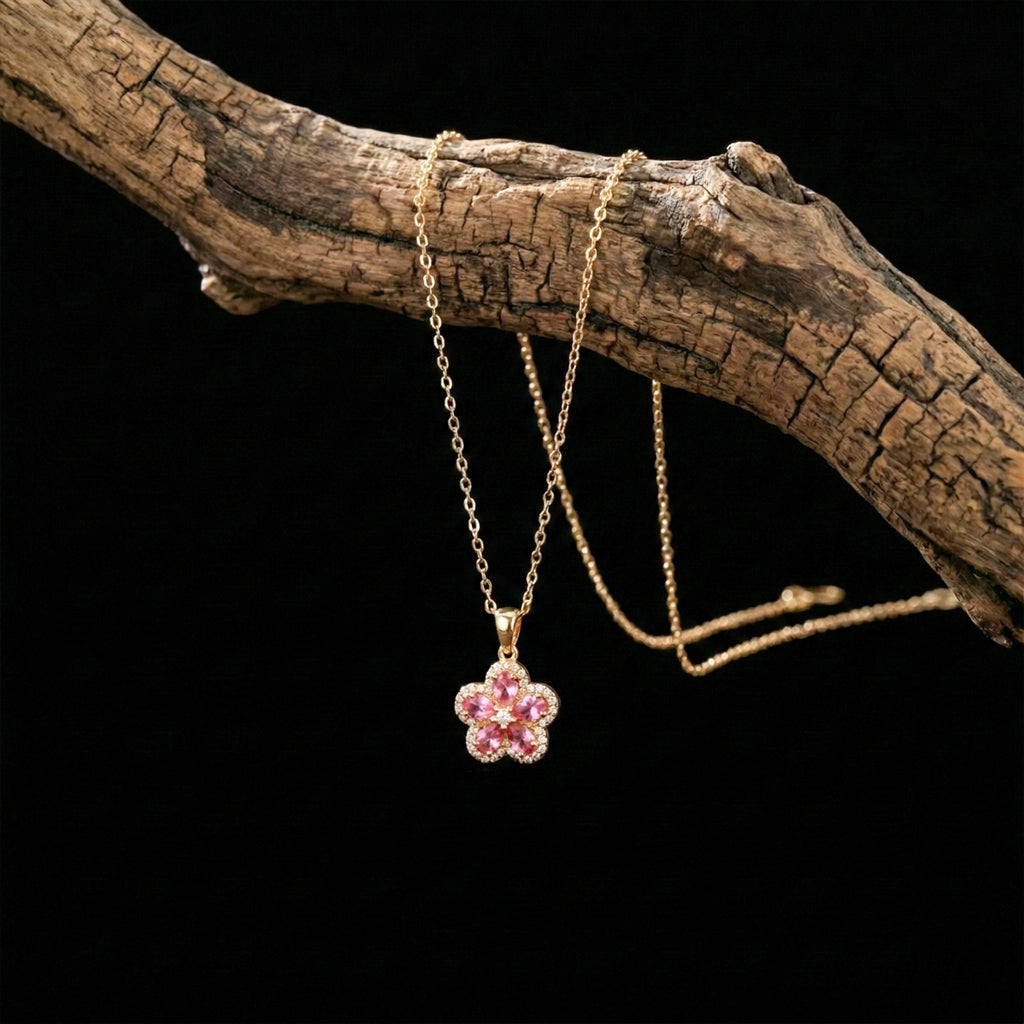 Pink Blossom Crystal Pendant Women Necklace GWN -123