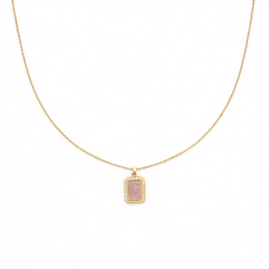 Pink Rectangle Halo Pendant Necklace GWN -152