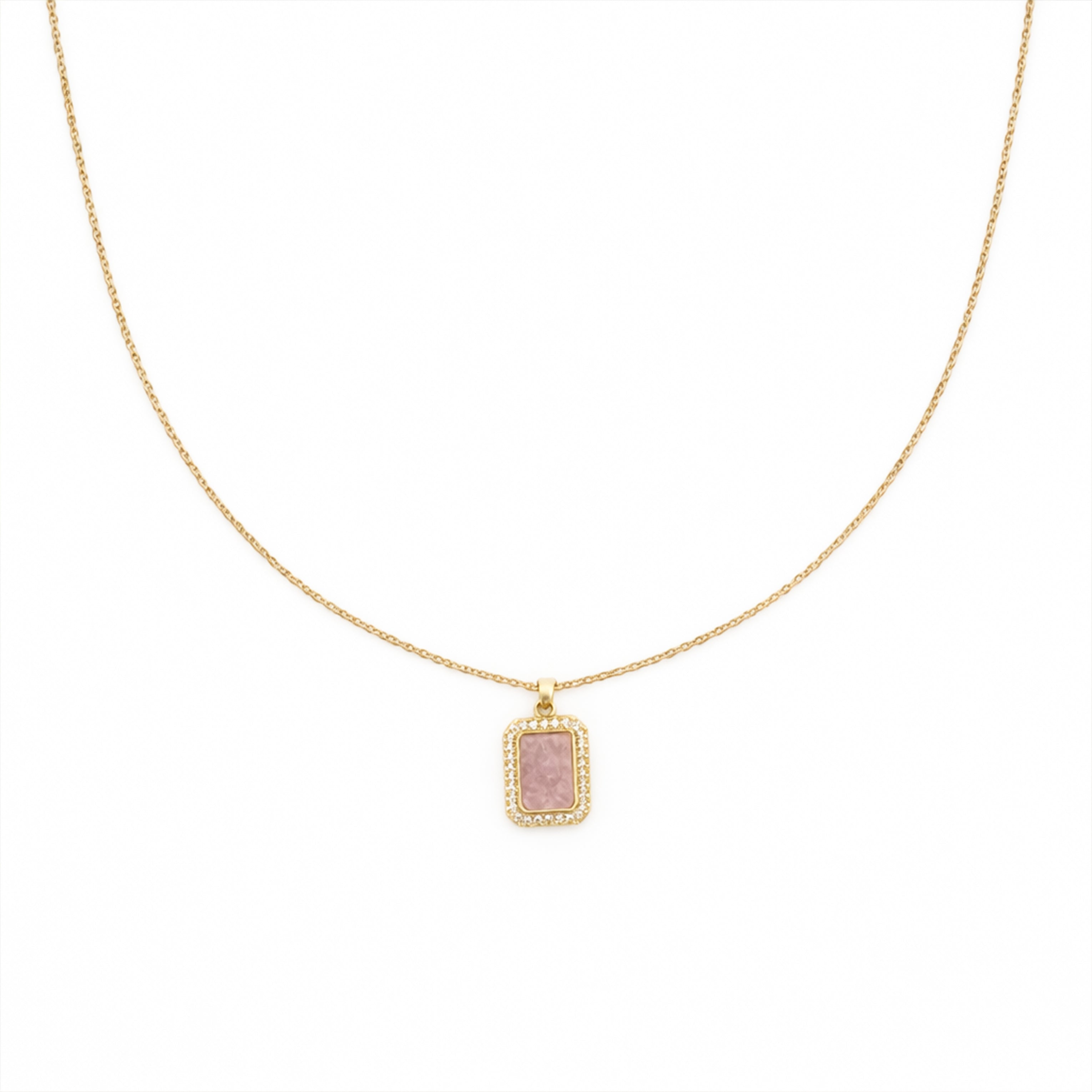 Pink Rectangle Halo Pendant Necklace GWN -152
