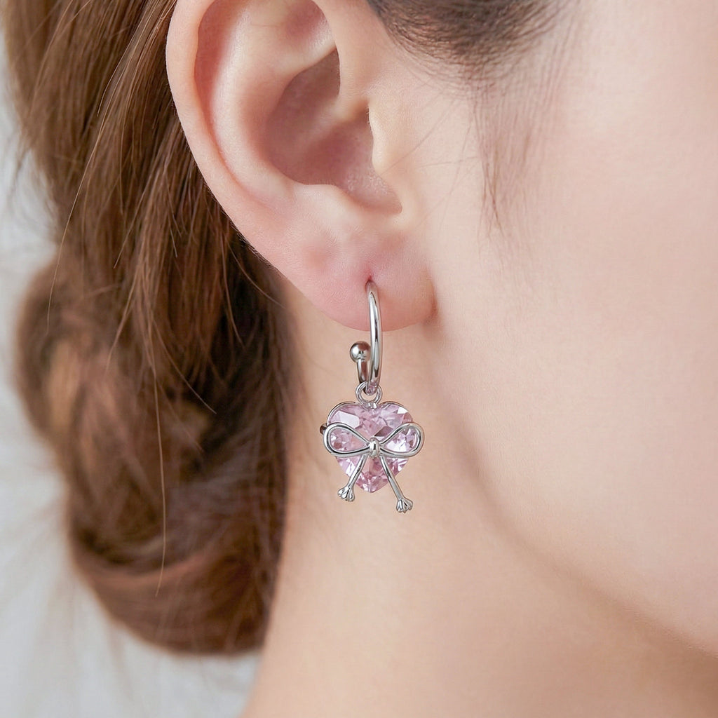 Silver Pink Heart Bow Hoop Earrings GWE -90