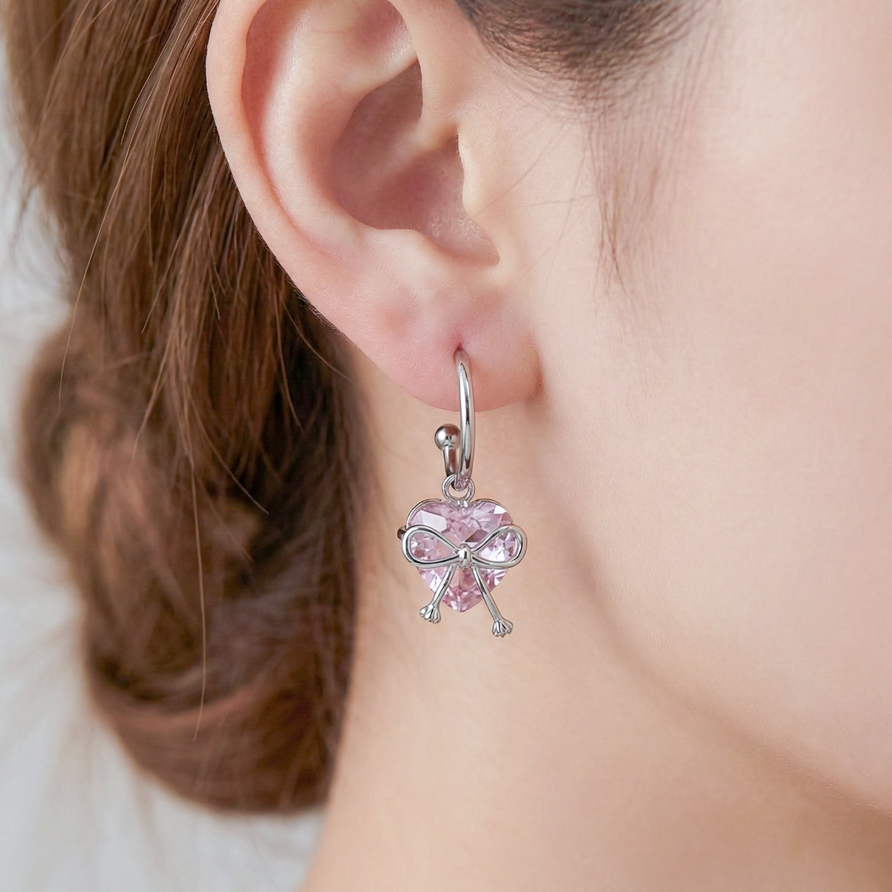 Silver Pink Heart Bow Hoop Earrings GWE -90