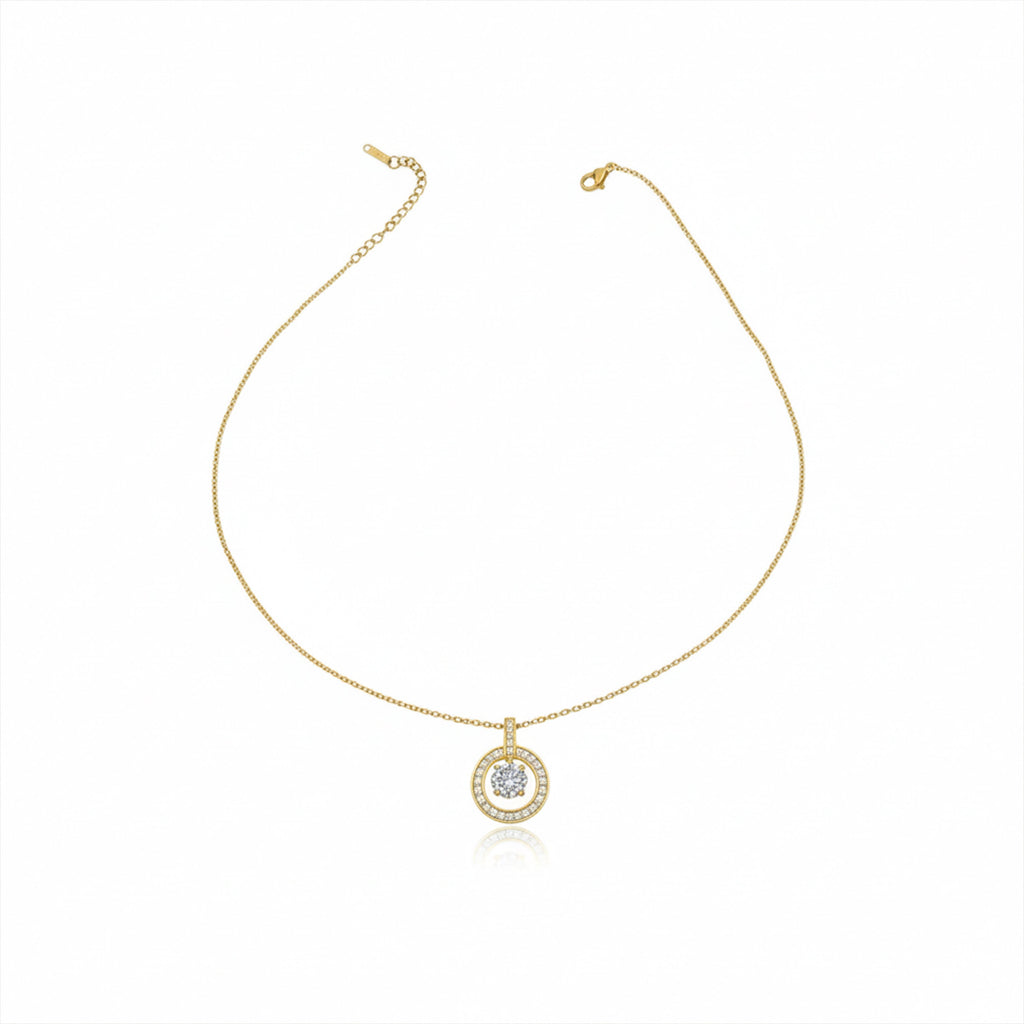 Classic Round Halo CZ Gold Necklace GWN -139