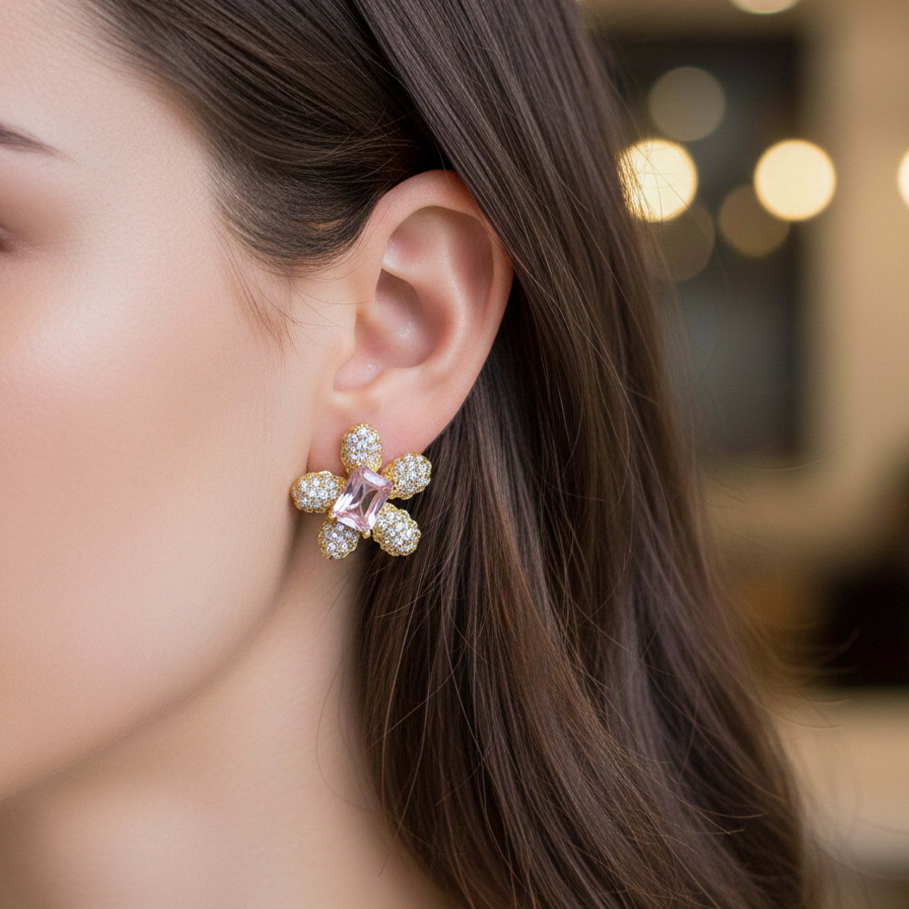 Floral Pink Crystal Stud Earrings GWE -140