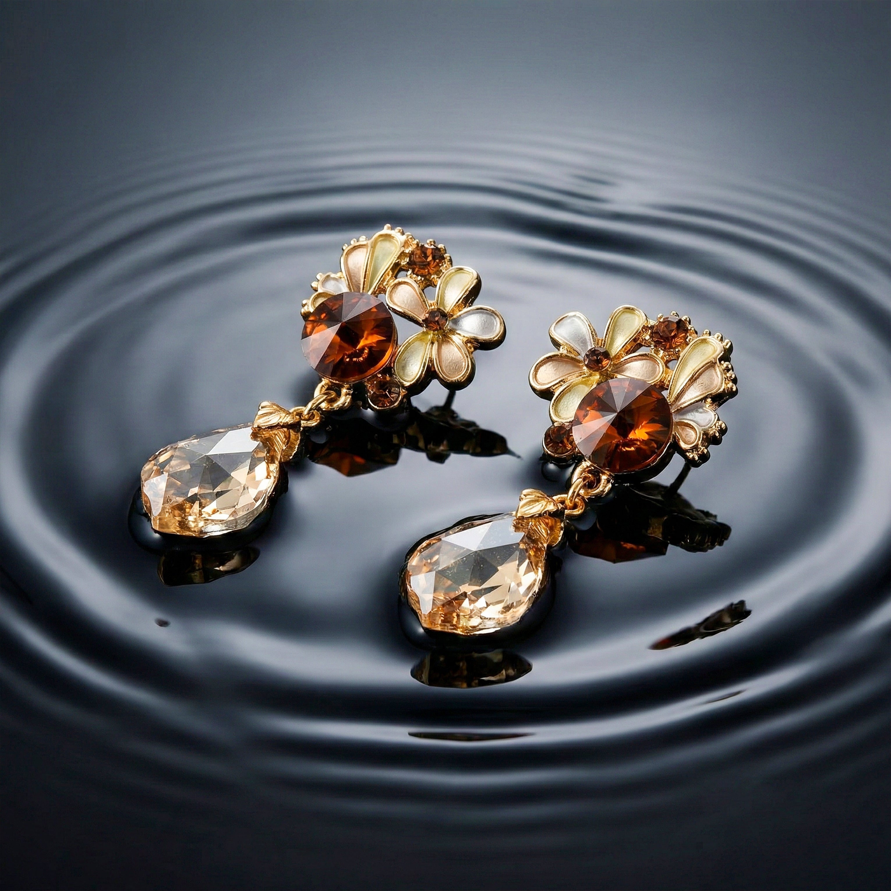 Brown Crystal Floral Drop Earrings GWE -195