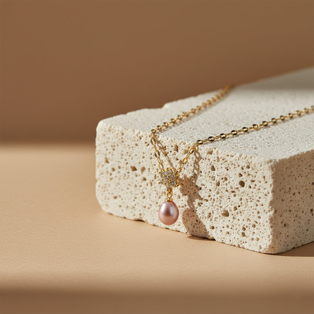 Golden Pearl Drop Charm Necklace GWN -44