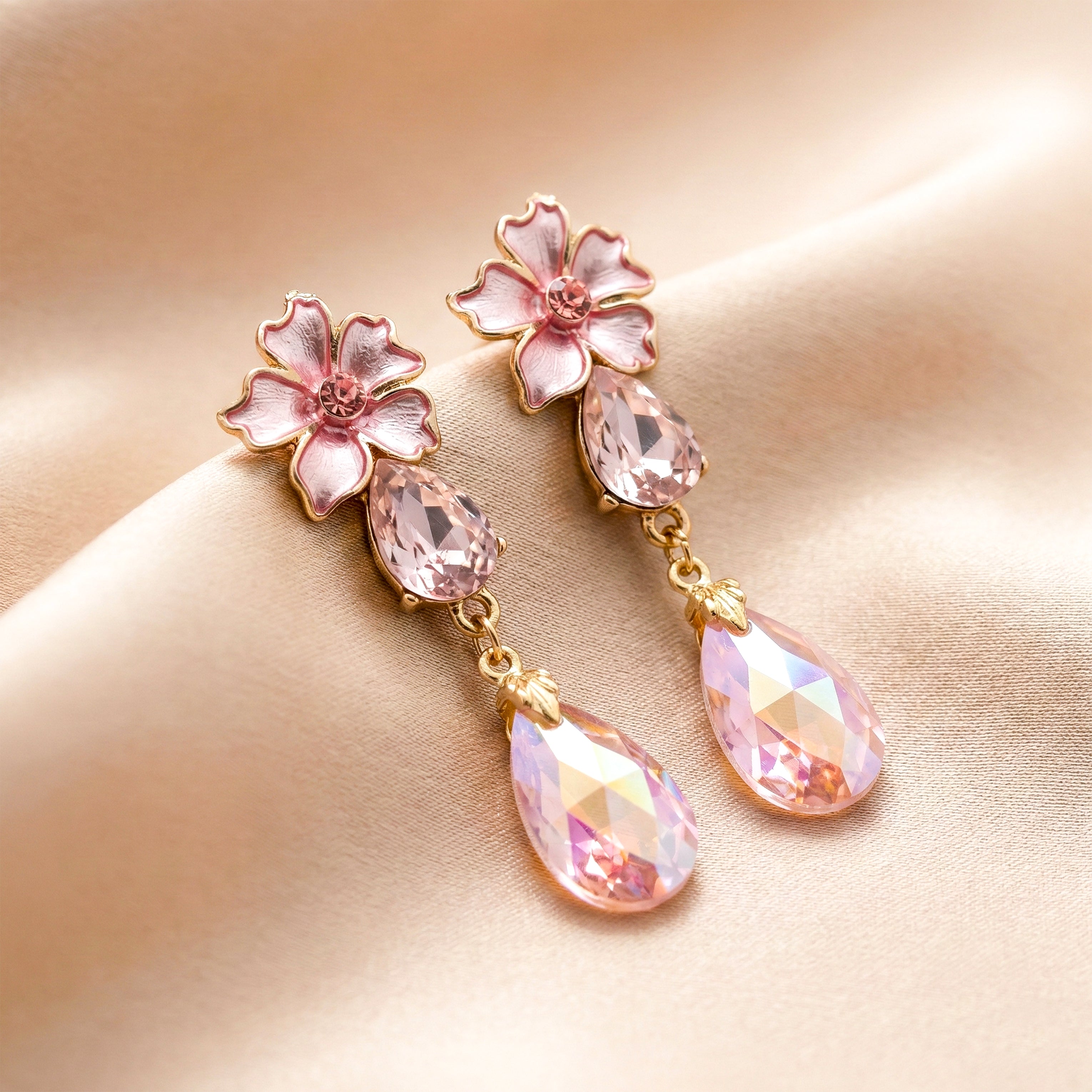 Pink Floral Crystal Drop Earrings GWE -176