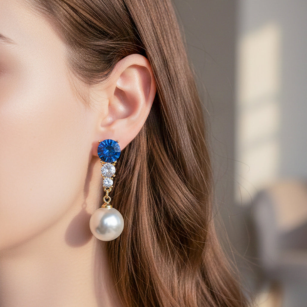 Blue Crystal & Pearl Drop Earrings GWE -143