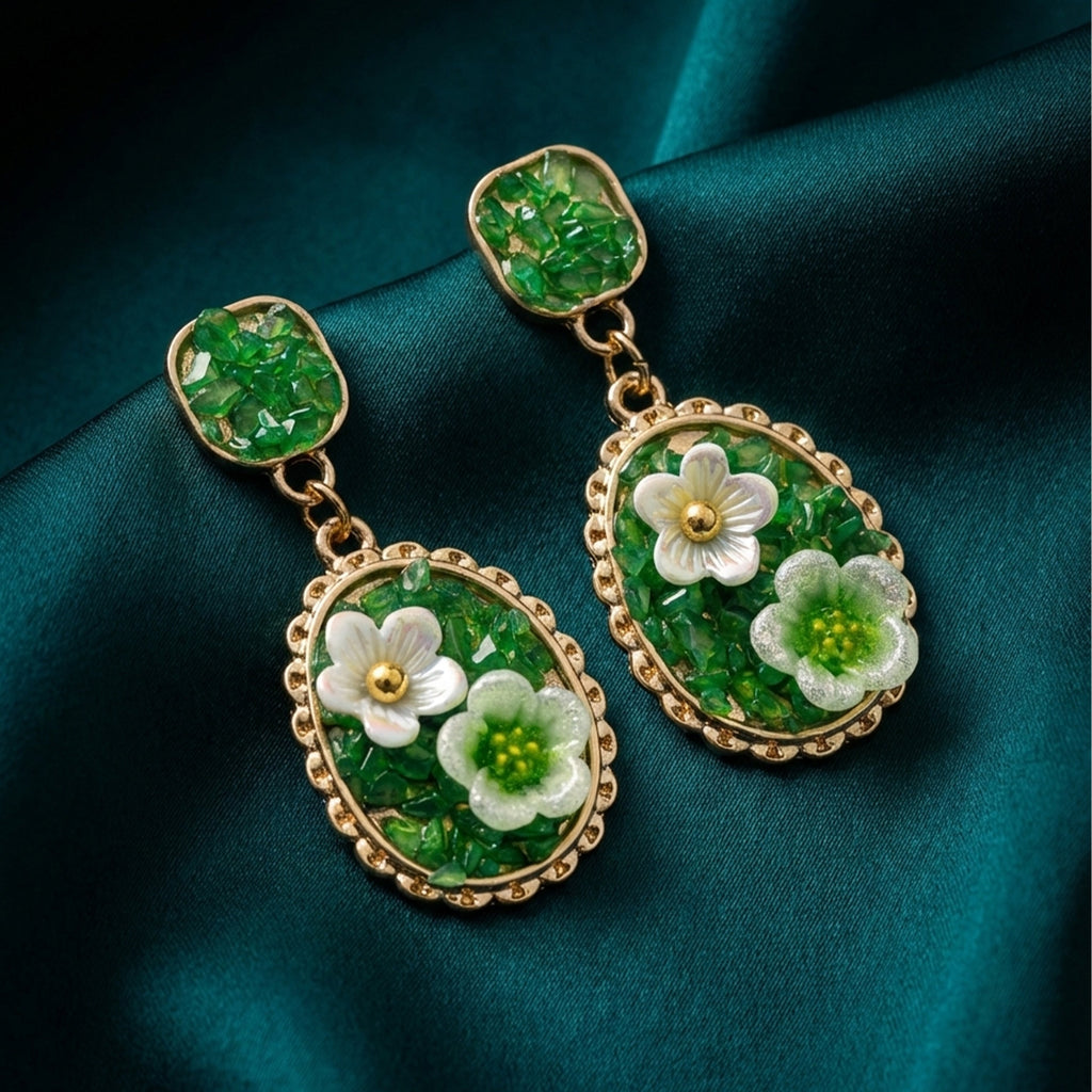 Green Floral Oval Drop Earrings GWE -205