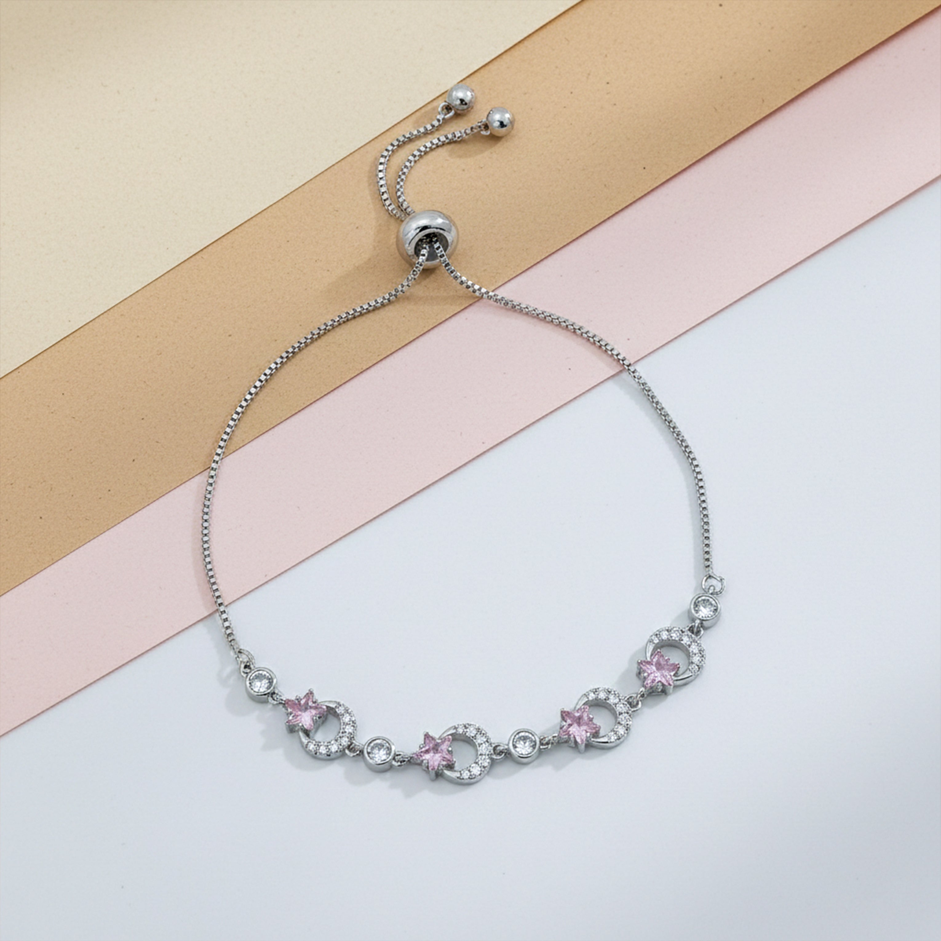 Silver Pink Star Charm Bracelet GWB -157