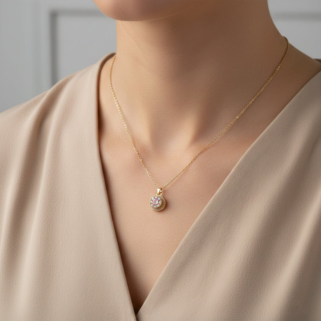 Pink Halo Round Pendant Necklace GWN -84