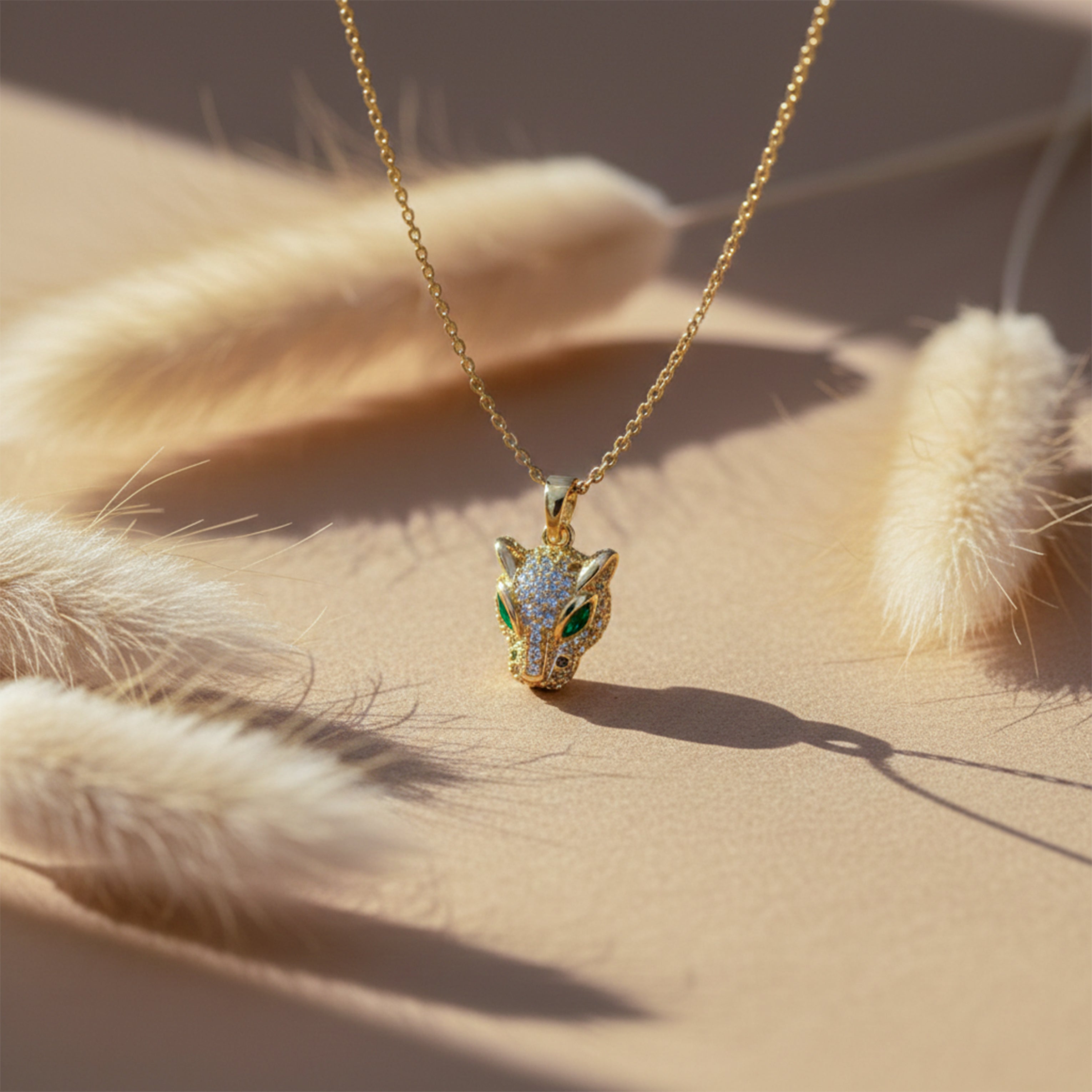 Golden Panther Head Pendant Necklace with Green Eyes GWN -96