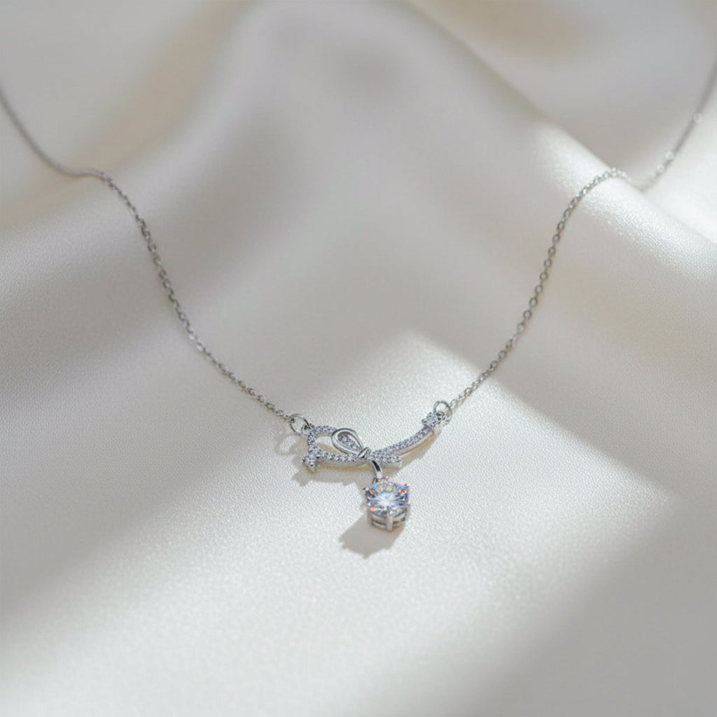 Sterling Silver Bow Ribbon Women Necklace GWN -134