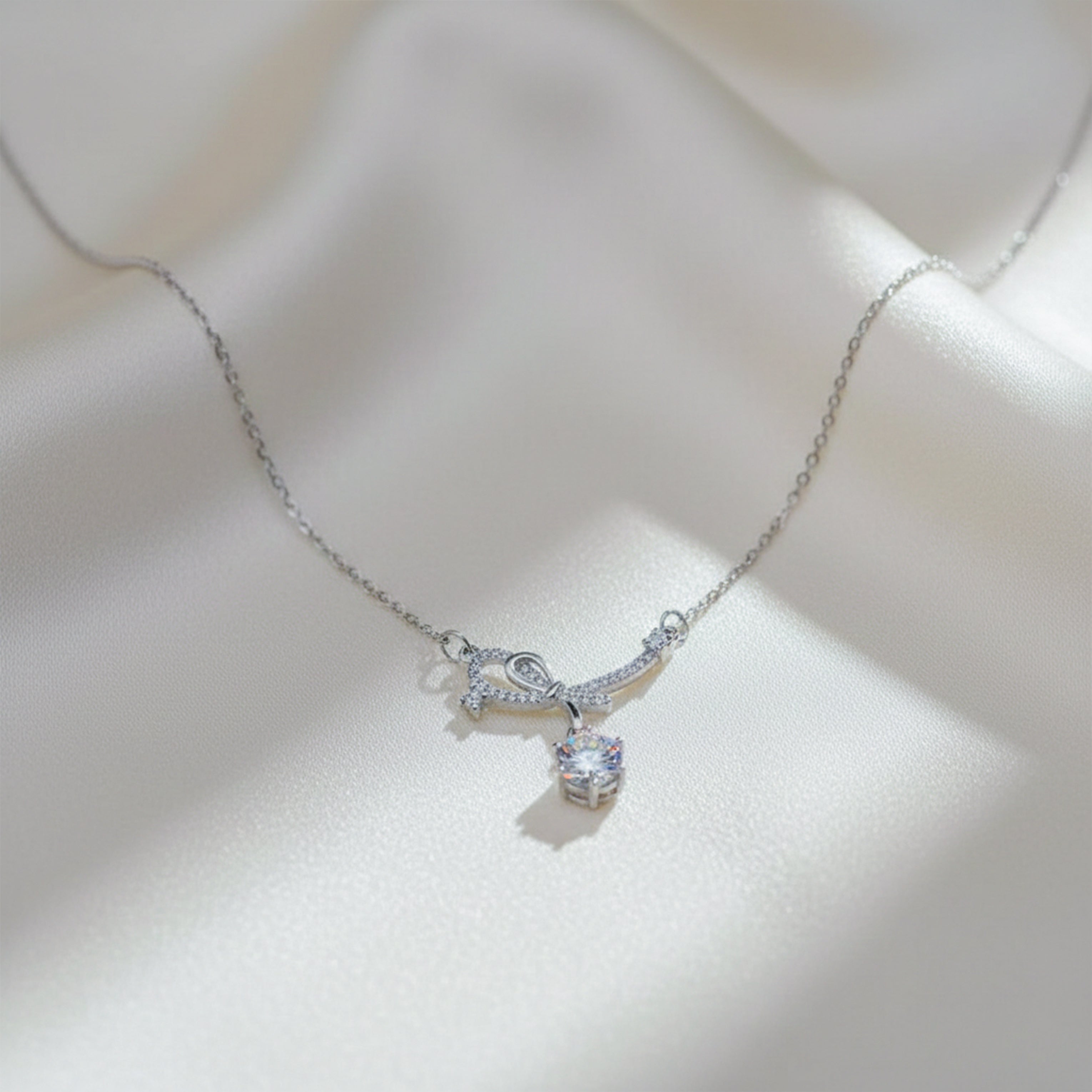 Sterling Silver Bow Ribbon Women Necklace GWN -134