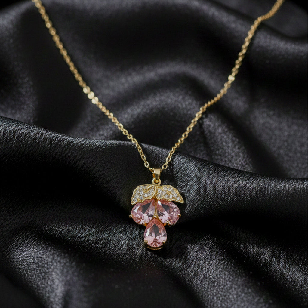 Dainty Gold and Pink Gemstone Clover Women Necklace GWN -148
