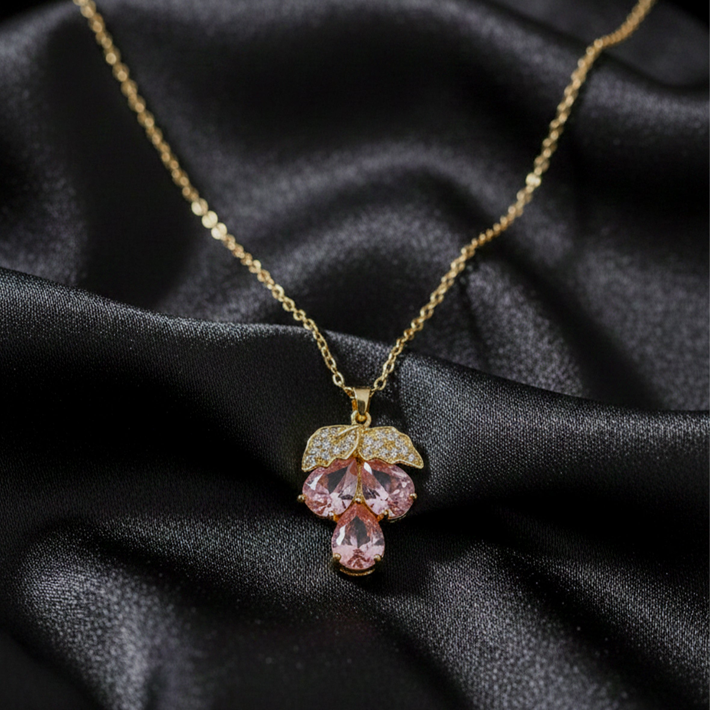 Dainty Gold and Pink Gemstone Clover Women Necklace GWN -148