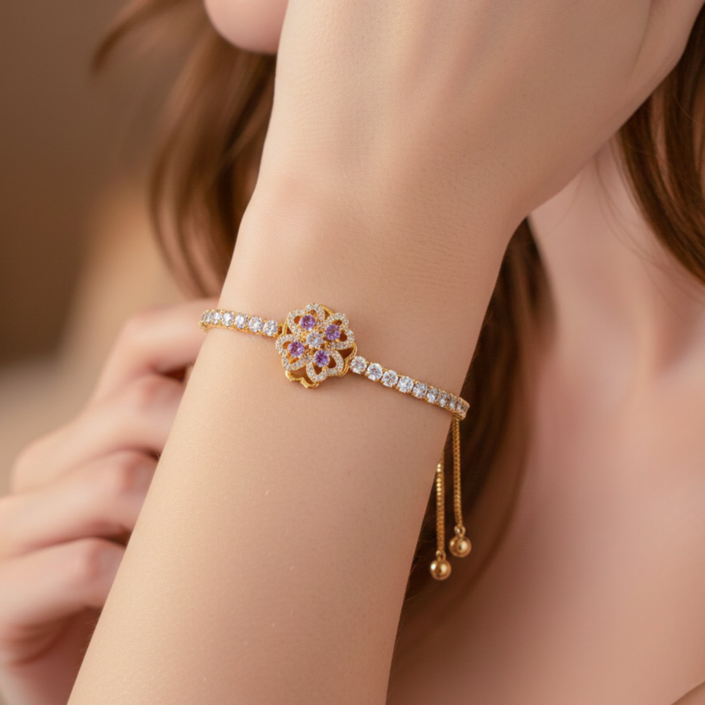 Gold Floral Adjustable Tennis Bracelet GWB -109