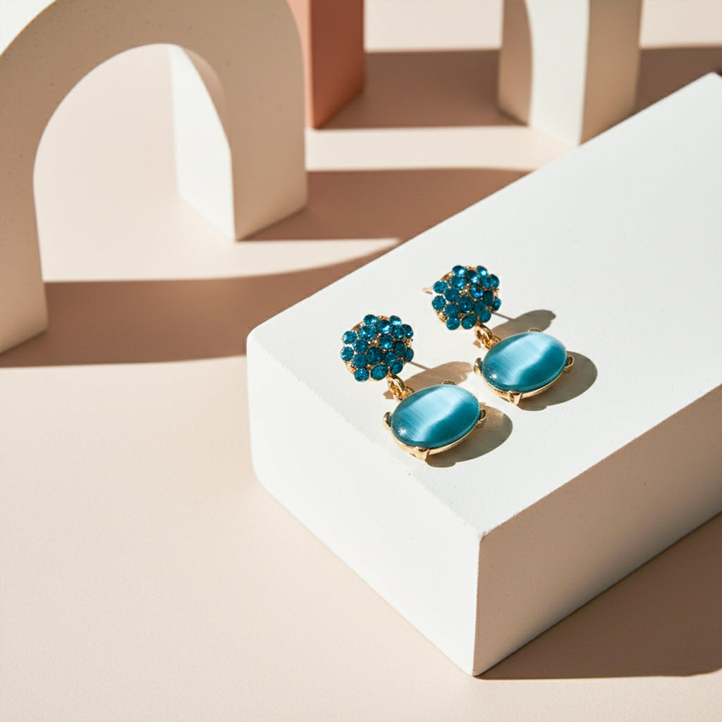 Teal Crystal Oval Drop Earrings GWE -218