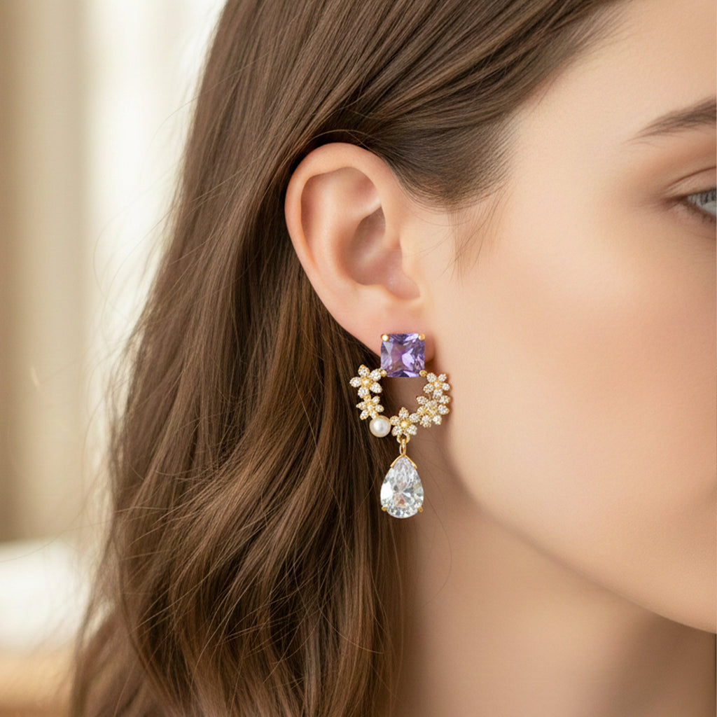 Multi-Stone Floral Gold Drop Earrings GWE -168