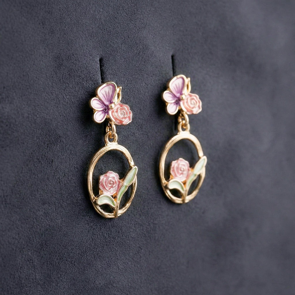 Butterfly & Rose Floral Drop Earrings GWE -177
