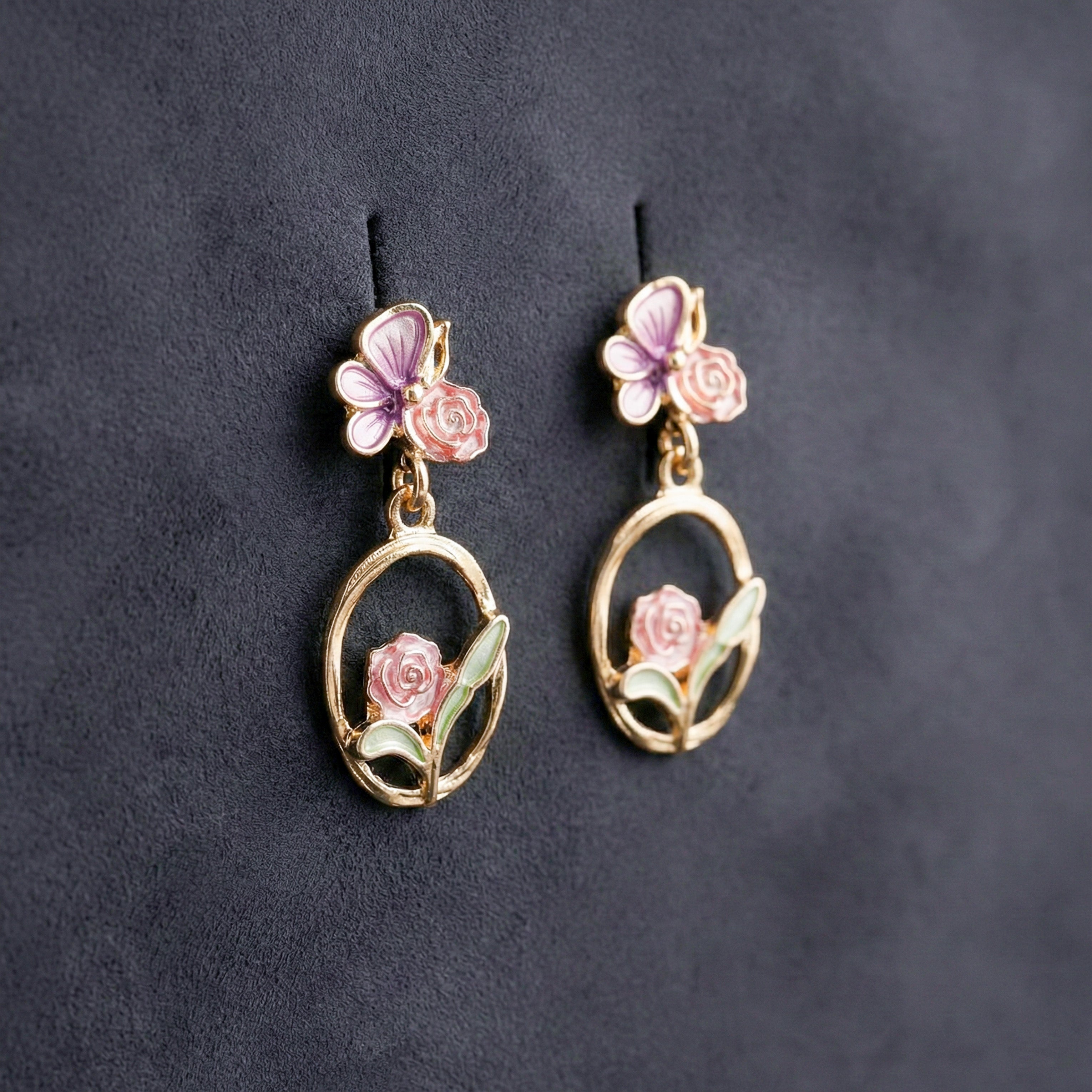Butterfly & Rose Floral Drop Earrings GWE -177