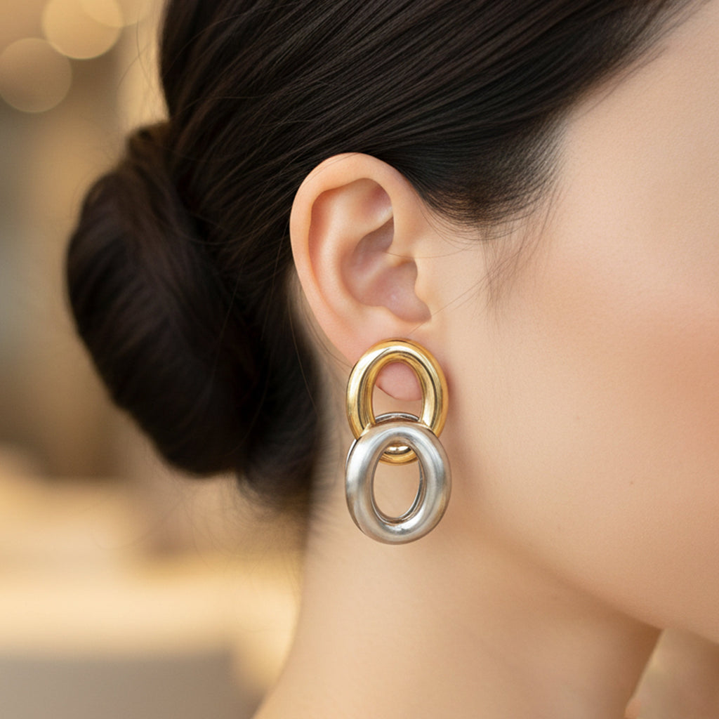 Dual Orbit Two-Tone Link Stud Earrings GWE -55
