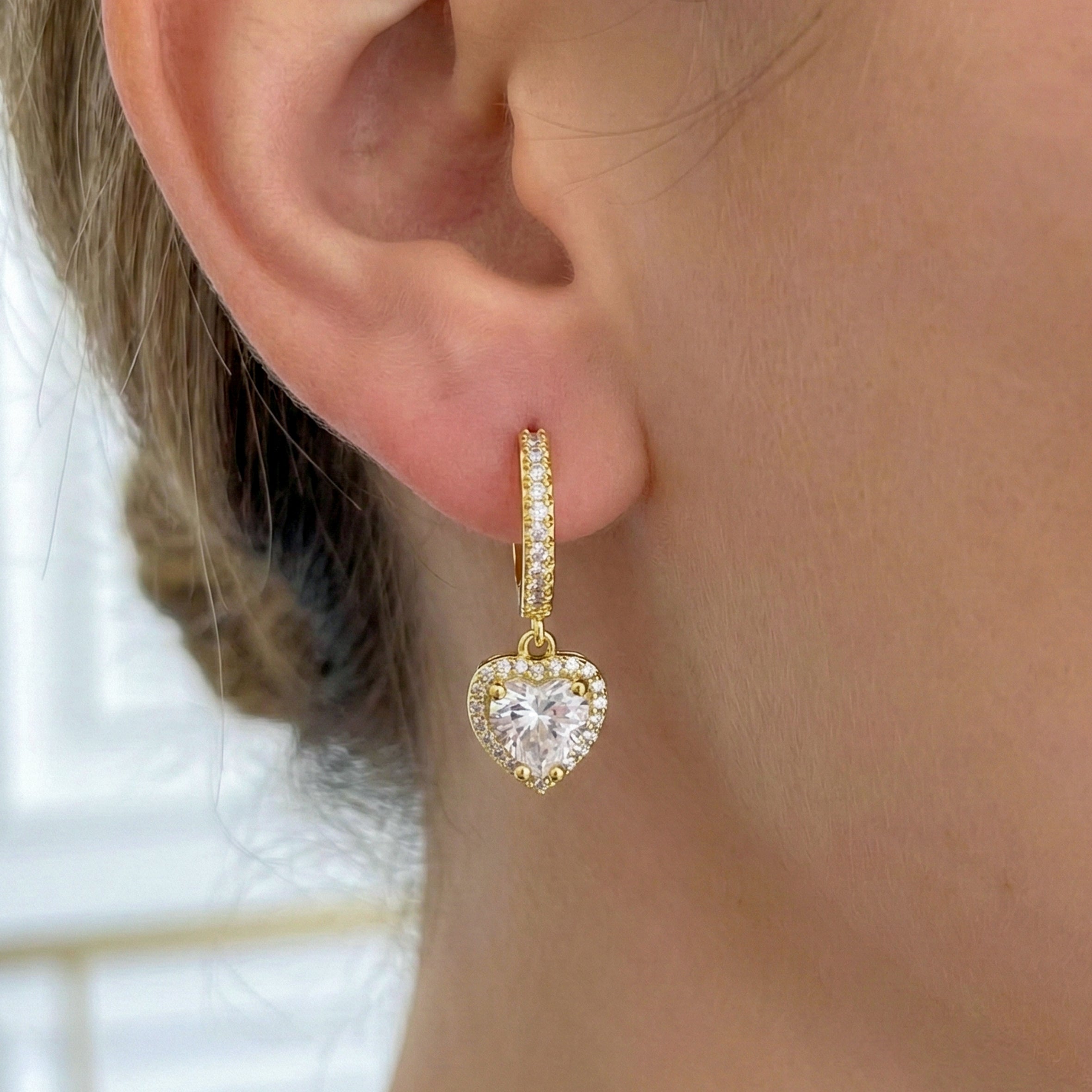 Crystal Heart Drop Hoop Earrings GWE -76