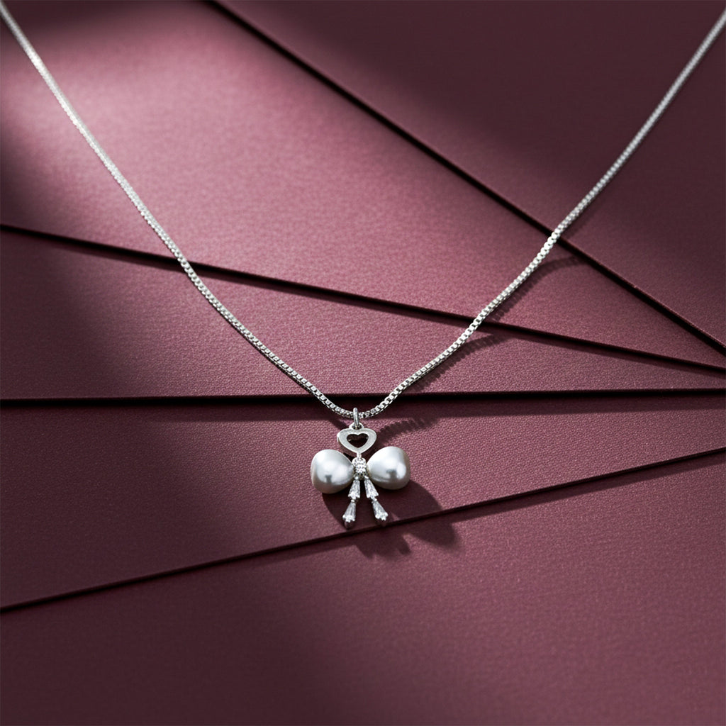 Silver Pearl Bow Heart Pendant Necklace GWN -52