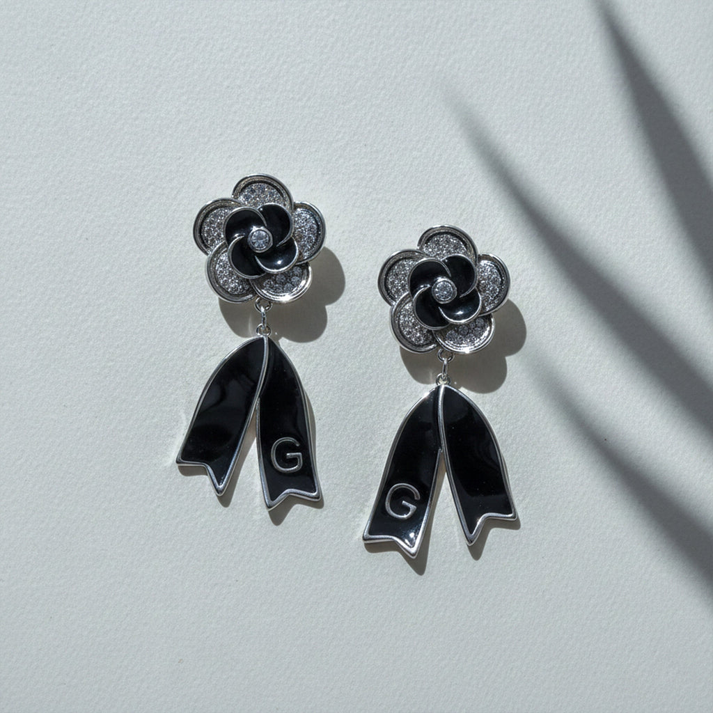 Onyx Silver Bloom Drop Earrings GWE -64