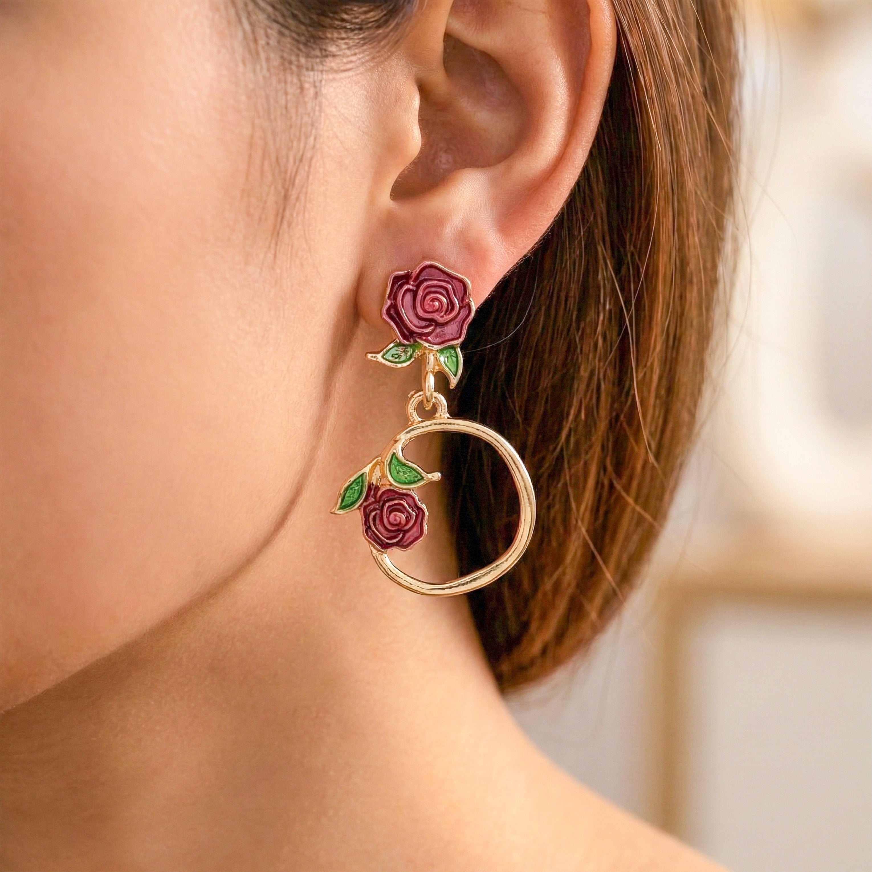 Rose Floral Hoop Drop Earrings GWE -175