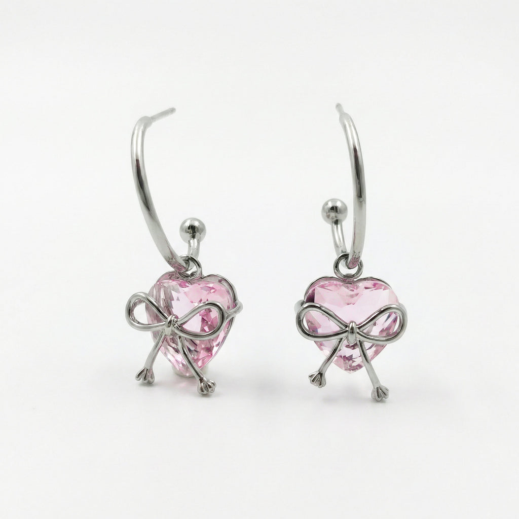 Silver Pink Heart Bow Hoop Earrings GWE -90
