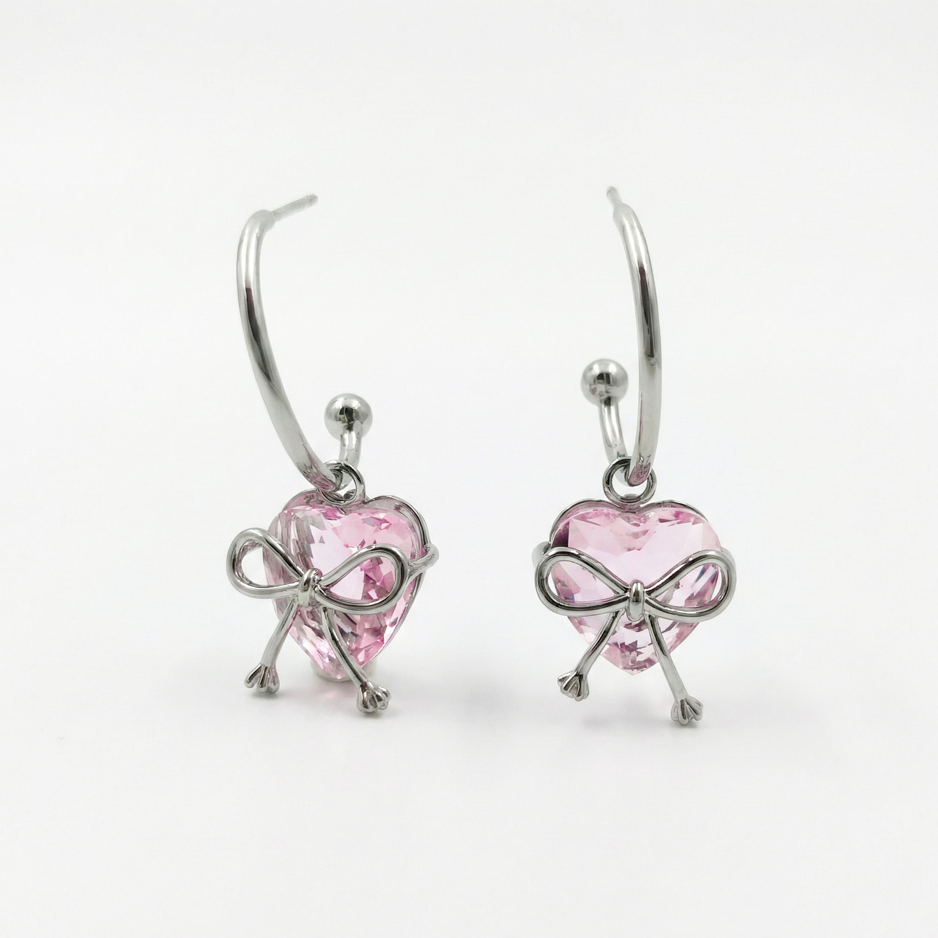 Silver Pink Heart Bow Hoop Earrings GWE -90