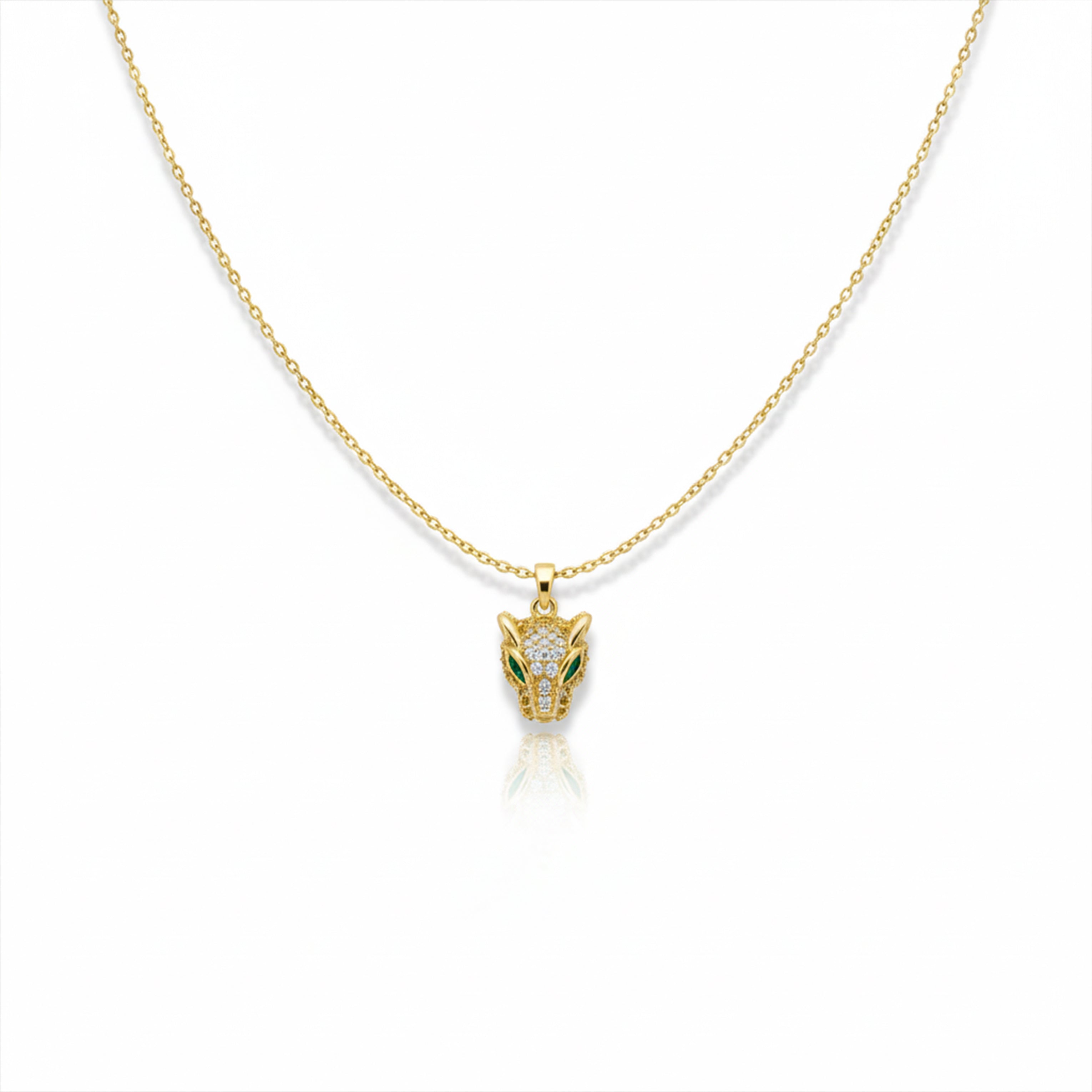 Golden Panther Head Pendant Necklace with Green Eyes GWN -96