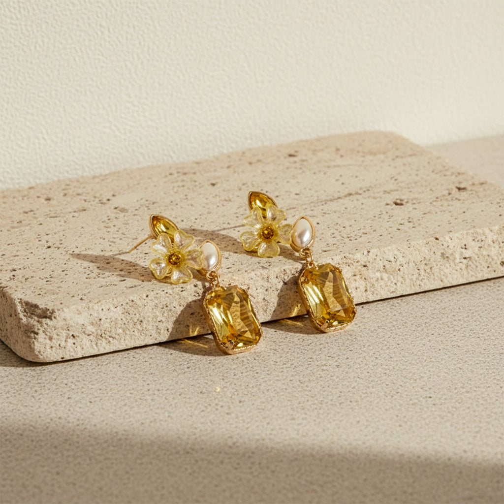 Yellow Floral Crystal Earrings GWE -245