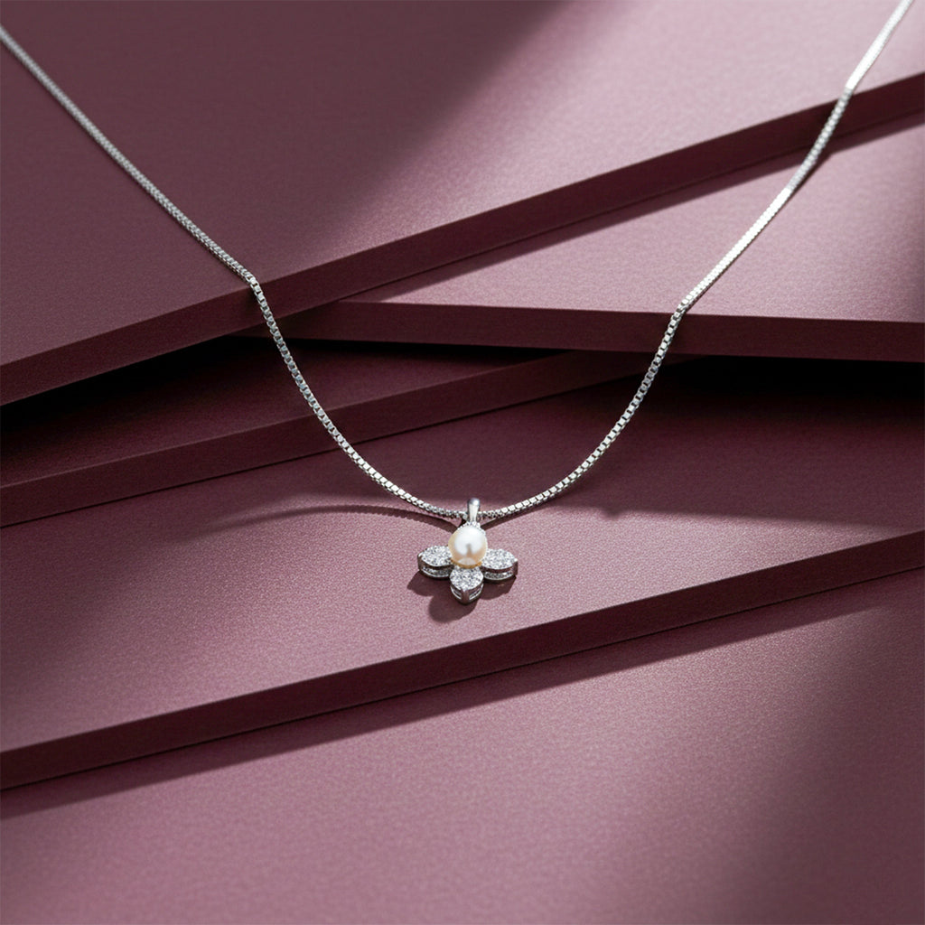 Silver Pearl Blossom Charm Necklace GWN -54