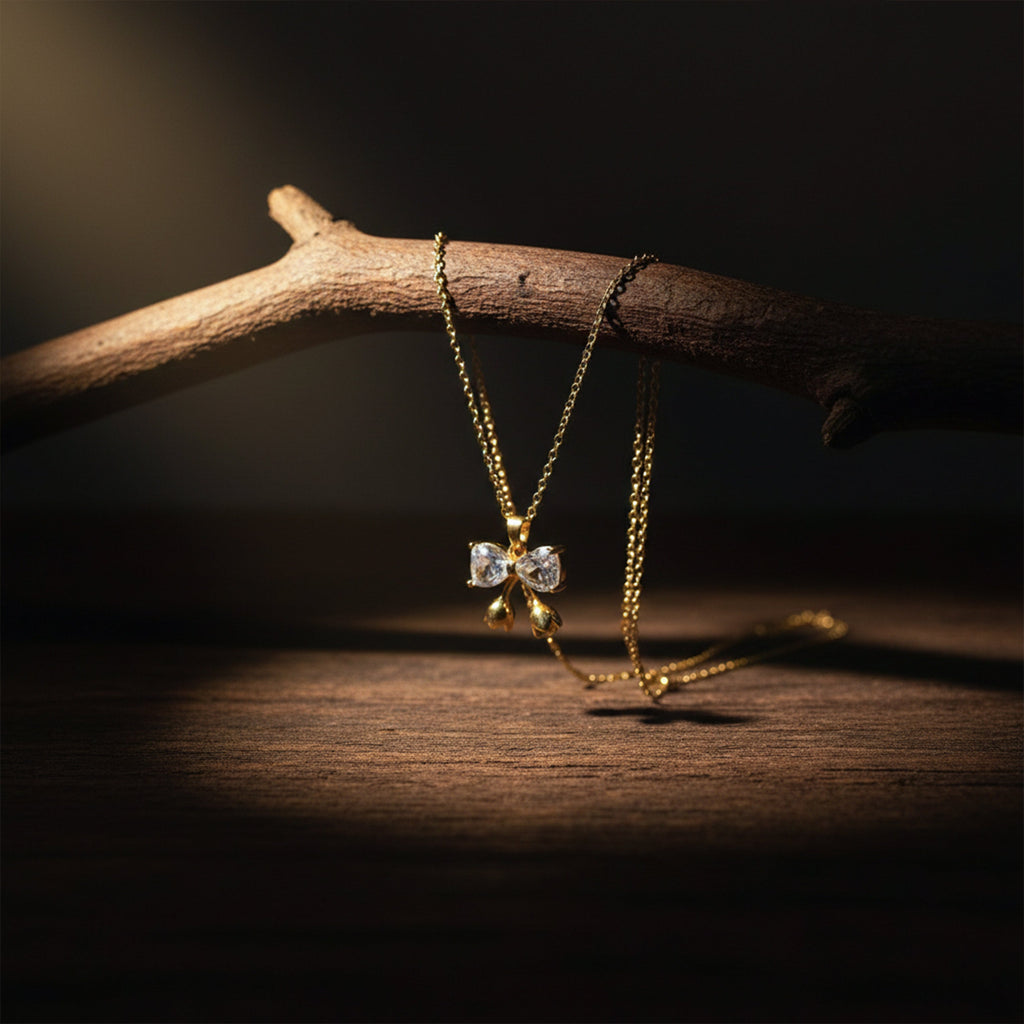 Crystal Bow Drop Gold Necklace GWN -136