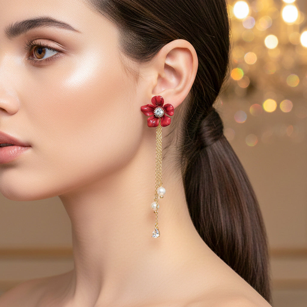 Ruby Blossom Pearl Tassel Earrings GWE -119